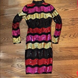 AKIRA Vibrant Sequin Dress with Sheer Panels and built-in Underwear. Size Medium